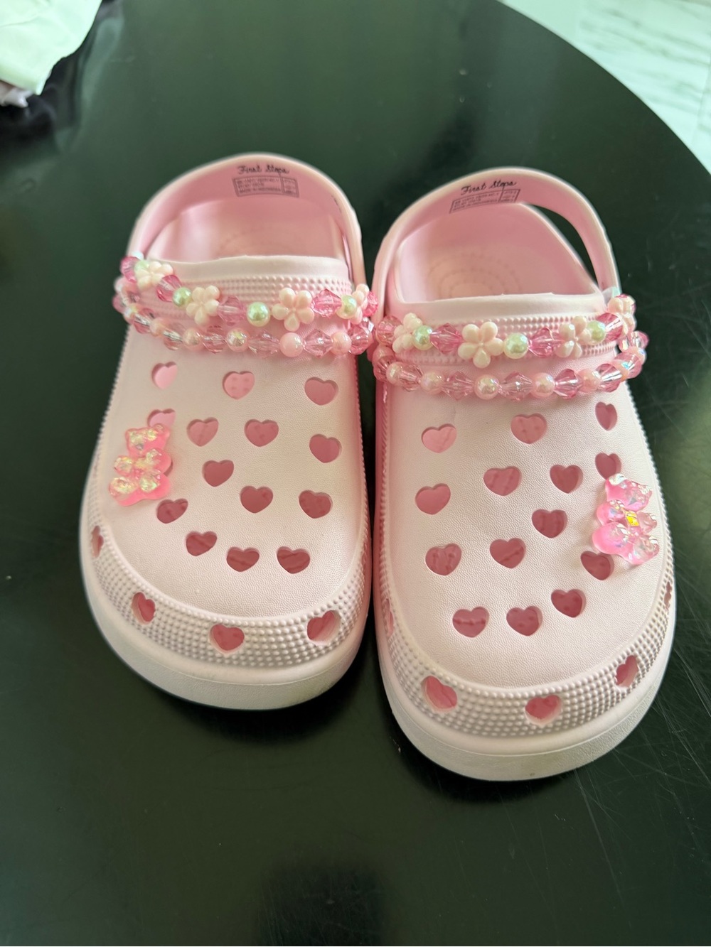 First Steps Jeweled Crocs Clog Slipper Girls Beaded Heart Pearls Water Shoe Swim